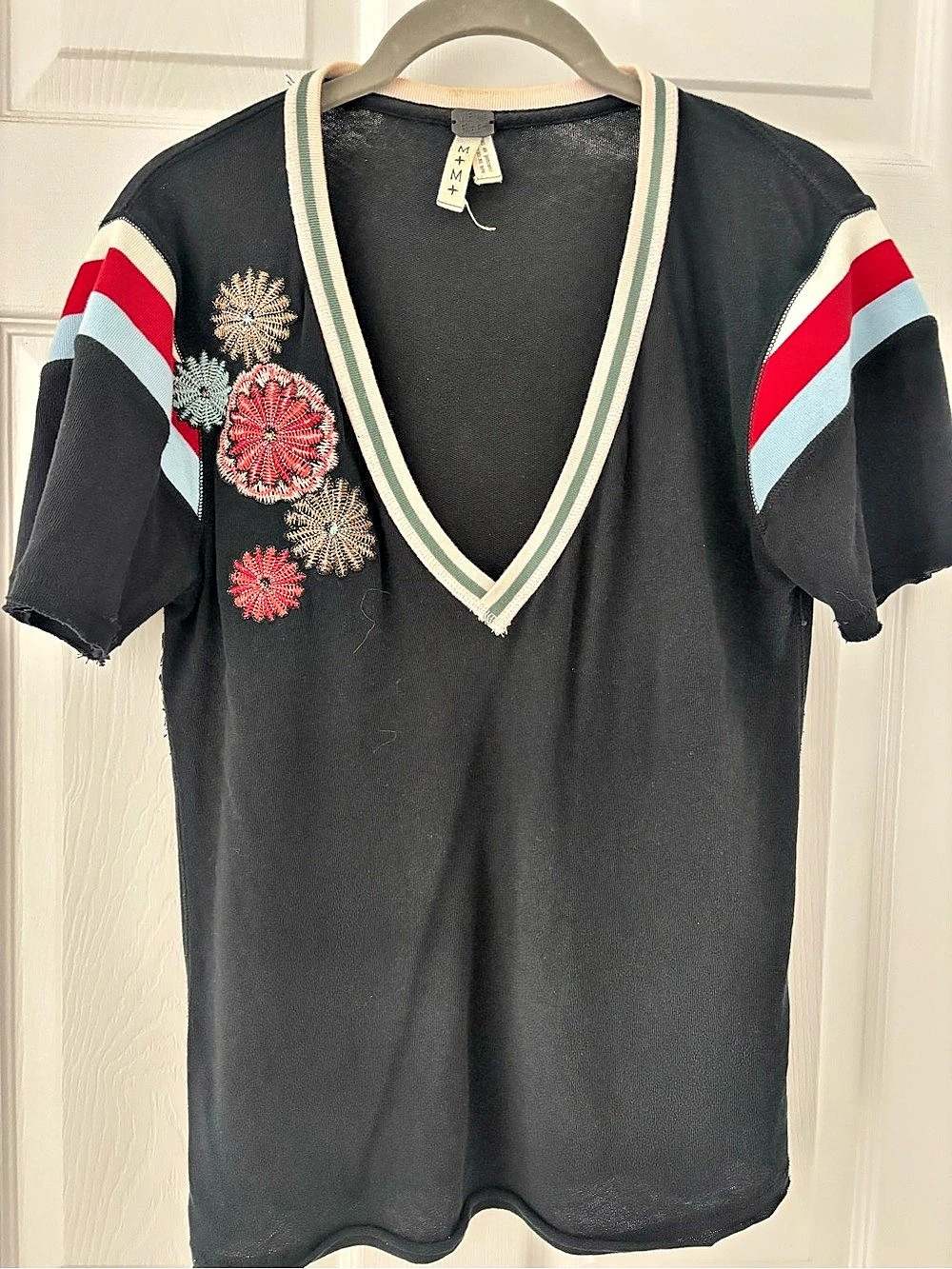 Color Block Embroidered Short Sleeve Top deep V neck